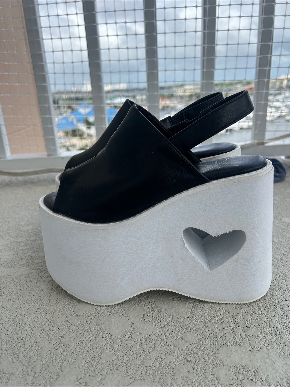 Dolls Kill Black & White Heart Cutout Platform Slingbacks